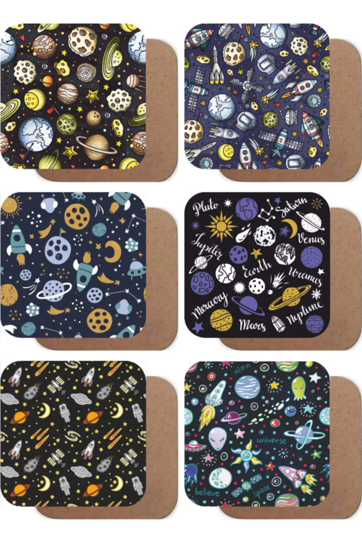 Stars And Planets, Space Theme Set of 6 Wooden Coasters Table Protector Stylish Space Themed Coasters Sky Star Moon Planet