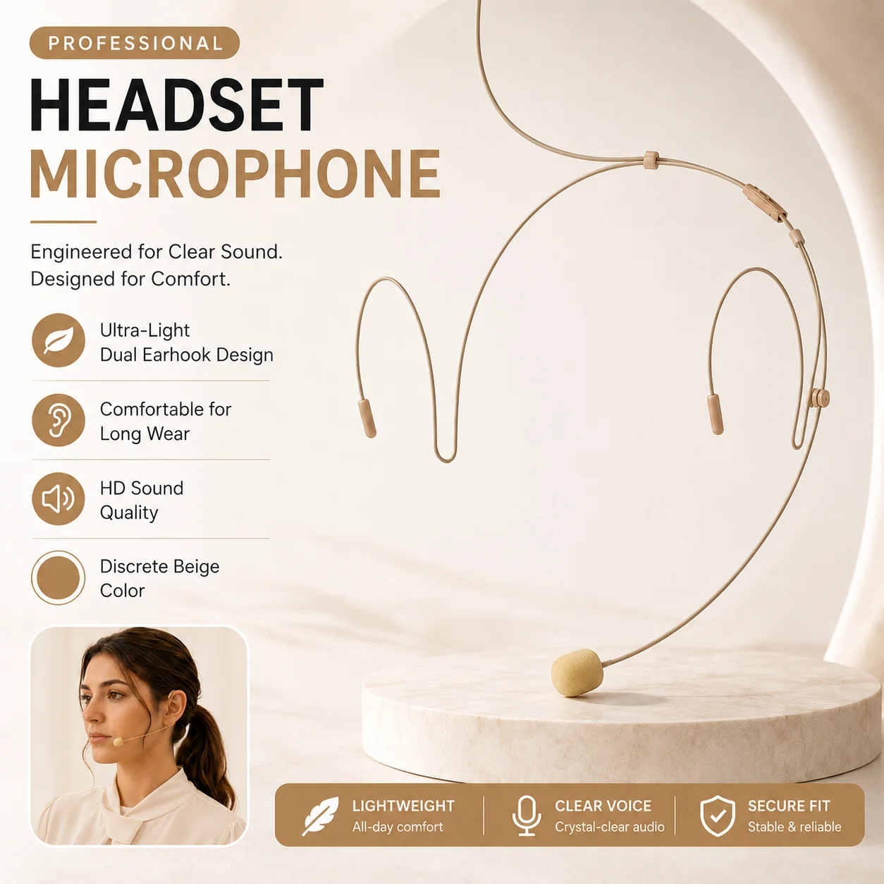 Headset Microphone For Teaching Speaking, Beige Dual Earhook Mini Condenser Mic For Live Presentation Stage Fitness, Trainer Use