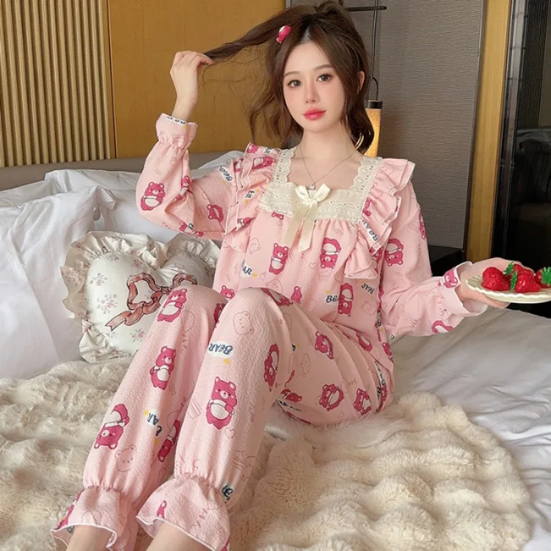 

100kg Large Size Cartoon Pajamas Female 2 Sets Homewear Girls Spring Long Sleeve Trousers Sweet Student Princess Style Sleepwear