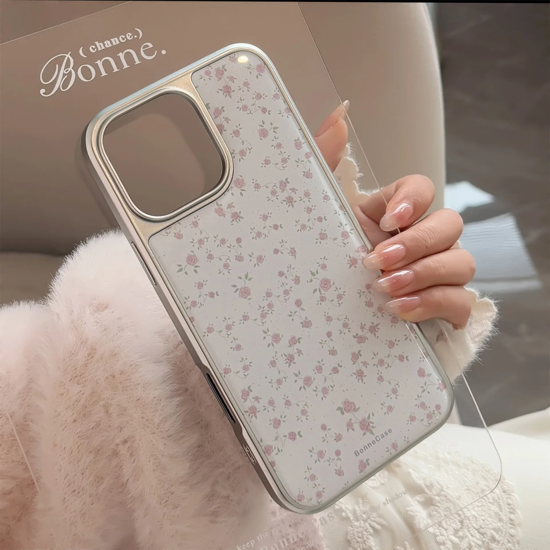 Koreanische Vollbild-Handyhülle mit Rosenblüten, silbernem Rand und Tropfkleber-Beschichtung für iPhone 17 16 15 14 13 12 Pro Max, stoßfeste Schutzhülle