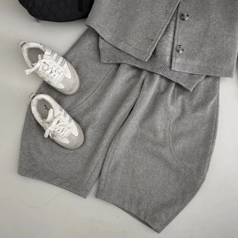 

SeasonSea, свободные теплые брюки с широкими штанинами, зима 2025 года, серые шерстяные брюки для девочек, детские повседневные штаны-фонарики, одежда с эластичной резинкой на талии