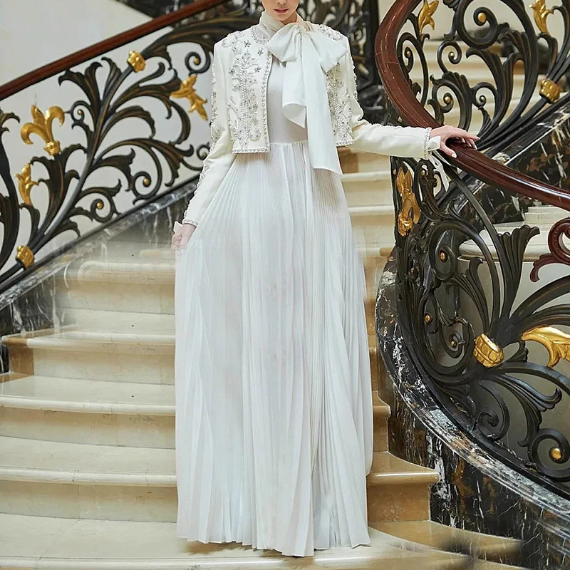 

Temperament Socialite Style Dress Two Piece Set Women Pearl Diamond Short Coat Elegant Solid Color Leace-up Pleated Dresses Sets