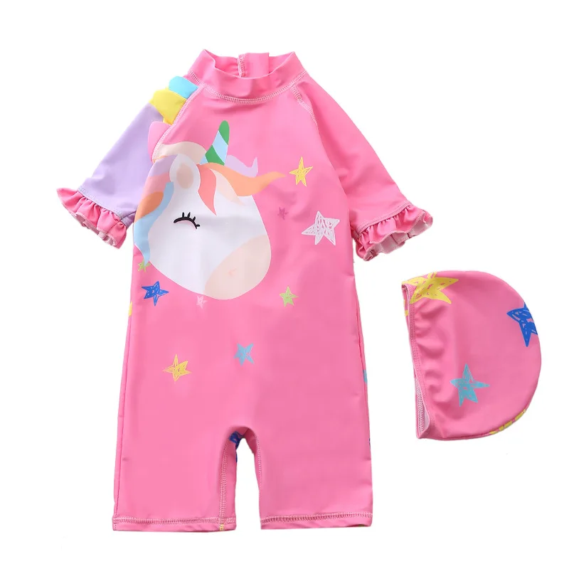 

HappyFlute One Piece Hot Sale Short Sleeve Cartoon Plain Color Unicorn Prints Cute Style Baby Summer Vacation Swimsuit