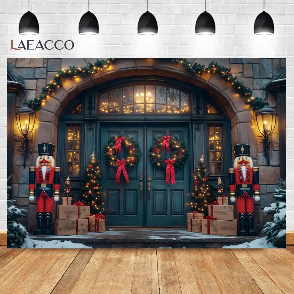 Feliz Navidad fotografía telón de fondo Cascanueces rojo soldado castillo corona árbol de Navidad regalos fondo decoración de fiesta familiar