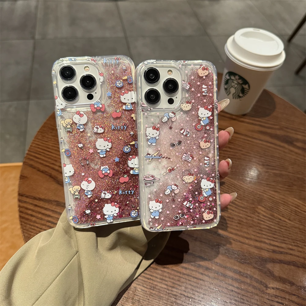 مرحبا كيتي KT بريق قضية الهاتف آيفون 16 15 14 13 12 11 برو ماكس السائل الرمال المتحركة بلينغ غطاء من البولي يوريثان لينة قذيفة