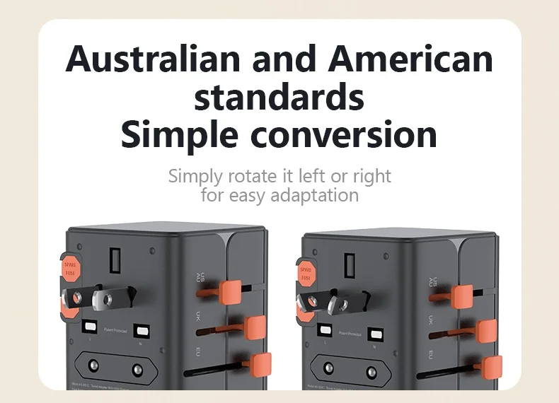 Universal Travel Adapter with 4 AC Outlets Max 2400W 2 USB Port 2 Type-C PD 65W Ports All-in-One Fast Charging EU UK US AUS Plug