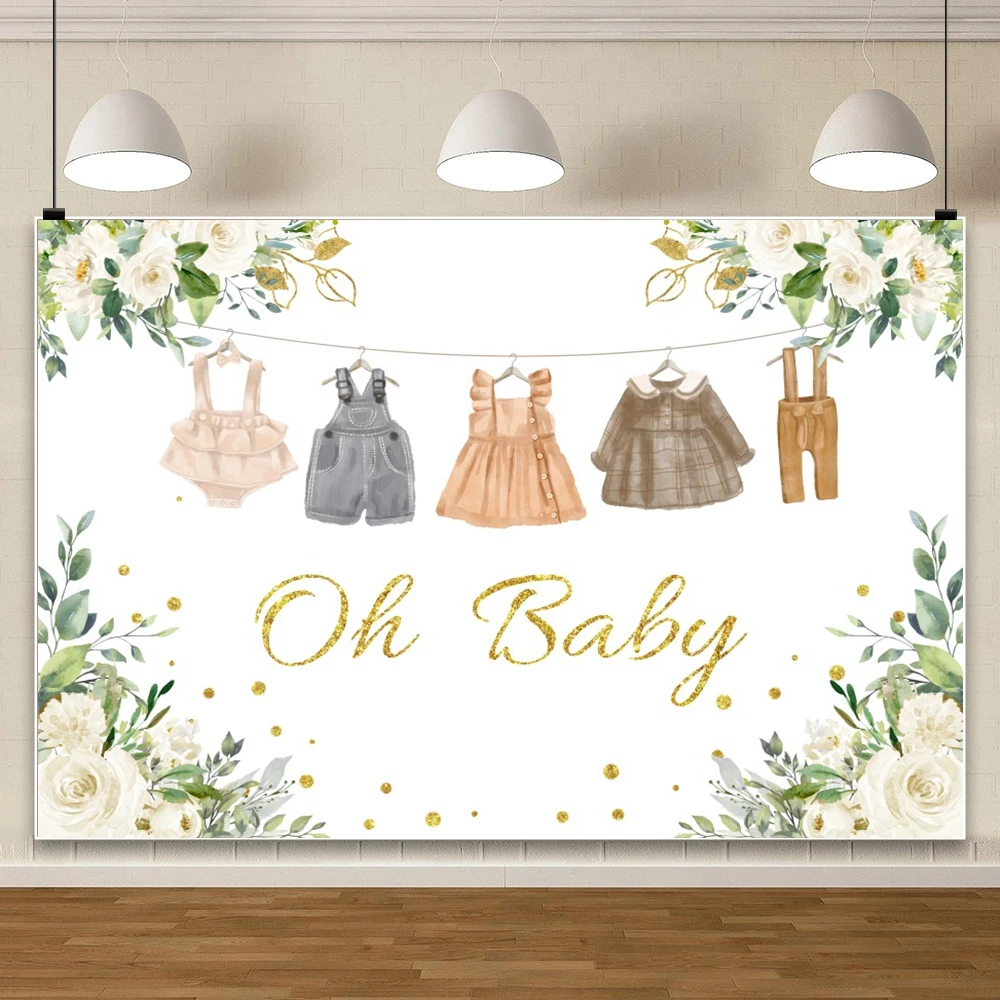 Oh Baby Baby Shower Photography Background Floral Greenery Baby Clothes For Gender Reveal Kids Party Photo Booth Backdrop Decor