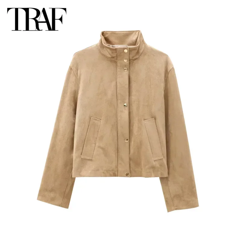 TRAF Women Bomber Jacket Leather Outerwears 2024 Autumn Casual Khaki Fleece Coats Long Sleeve Jacket Coat Fashion Varsity Jacket