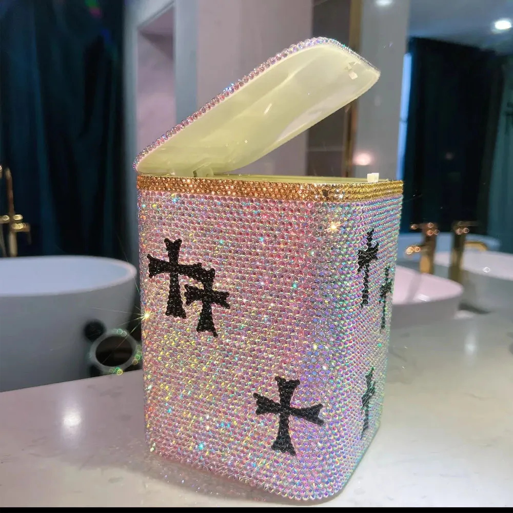 

Handmade Crystal Rhinestone Mini Desktop Trash Can, Storage Bucket with Lid, Garbage Storage, Home,Car, Living Room,Office