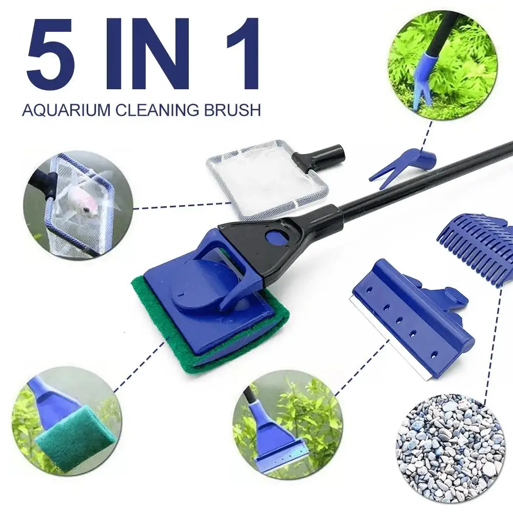 5in1 Aquarium Cleaning Tool Plant Fork Spoon Net Sponge Brush Gravel Rake Algae Scraper