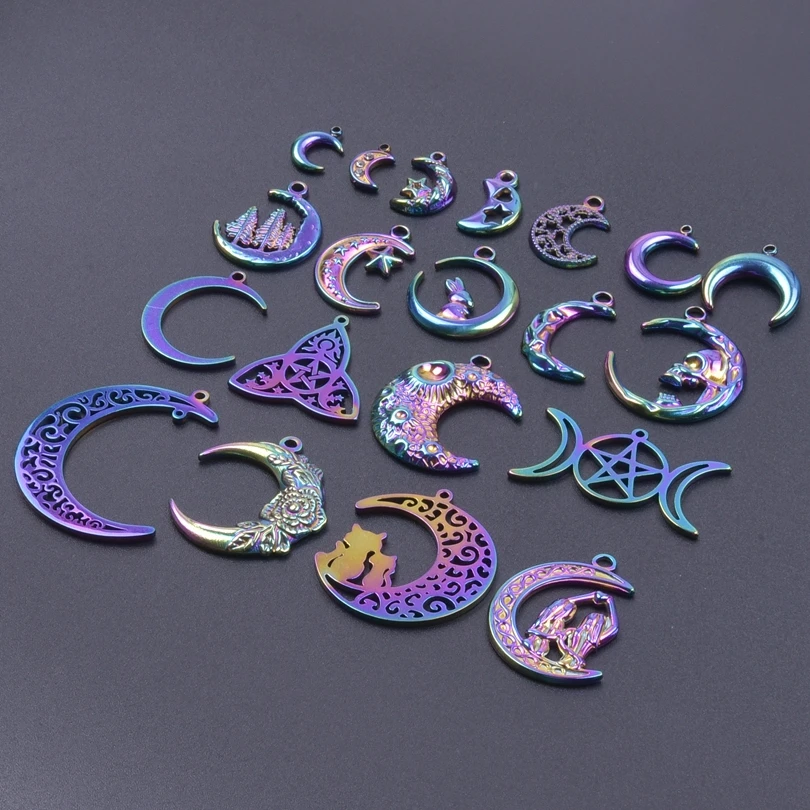 Rainbow Color Metal Animal Cat Rabbit Moon Charms For Earrings Making Supplies Flower Star Luna Stainless Steel Pendant Jewelry
