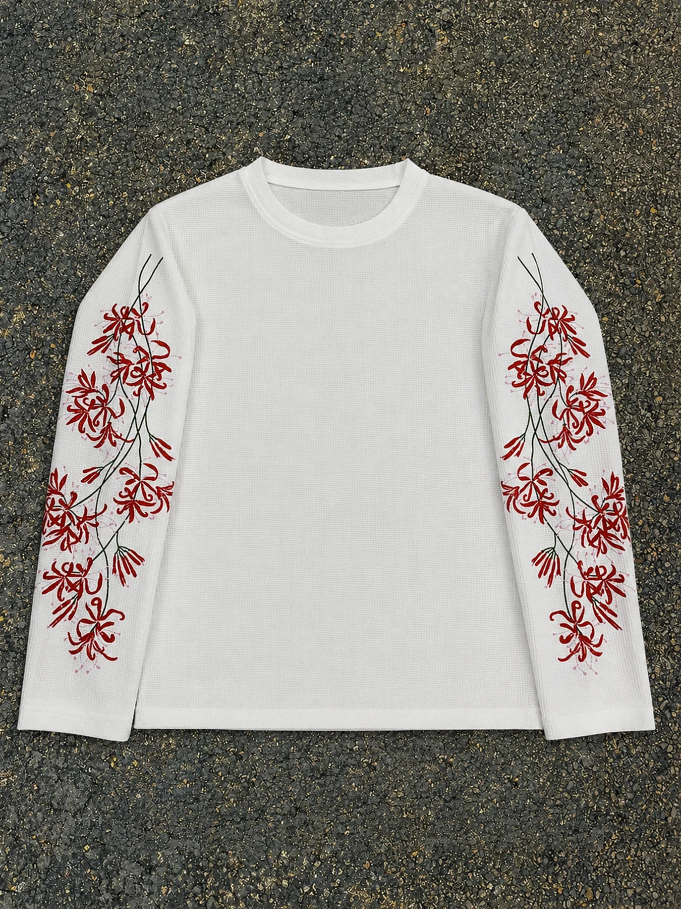 Vintage Oriental Floral Embroidery Long‑Sleeve Tee Waffle Knit Loose White Pullover Top
