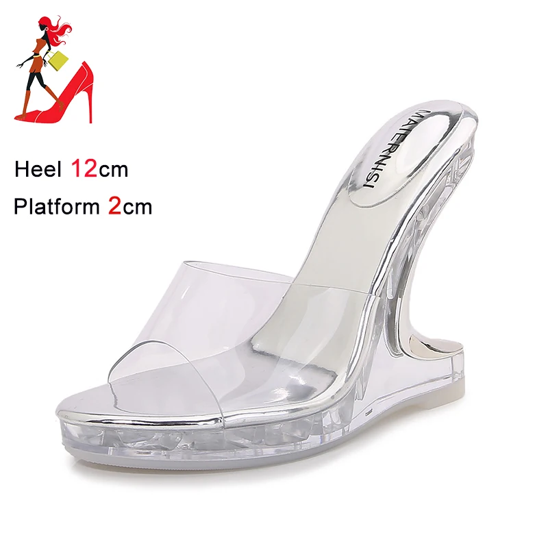 Women Summer Transparent Heel Slipper Platform High Heels 2024 New Outdoors Perspex Shoes 12CM Strange Style PVC Crystal Sandals