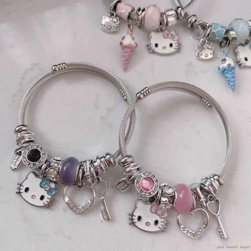 2024 New Paragraph Miniso Hello Kitty Beaded Pendant Bracelet  Anime Cartoon Jewelry Silver Color Suitable For Girls Gift