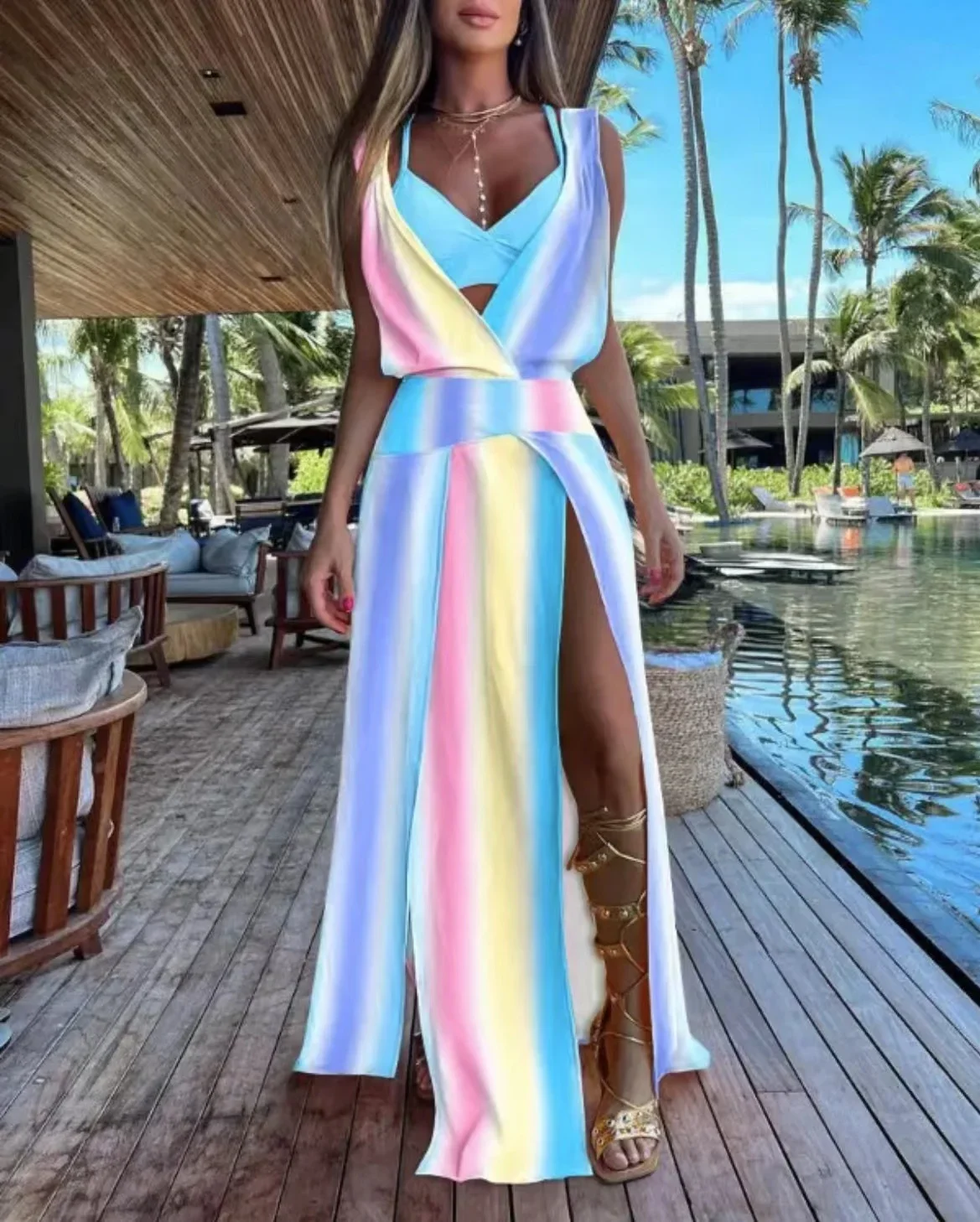 Sexy Women Sleeveless Plunge High Slit Maxi Sexy Dress with Bra Top 2023 Summer Femme Robe Casual Lady Dress Clothing