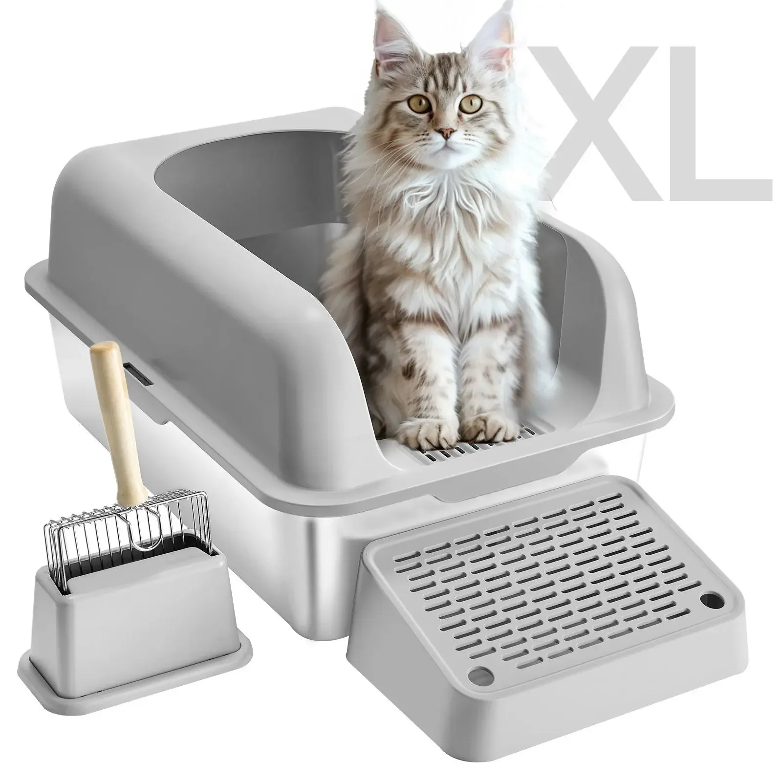 

Stainless Steel XL Cat Litter Box – High Walls & Snap Lid, Odor-Proof & Easy Clean, 60L Capacity for High-Urine Cats