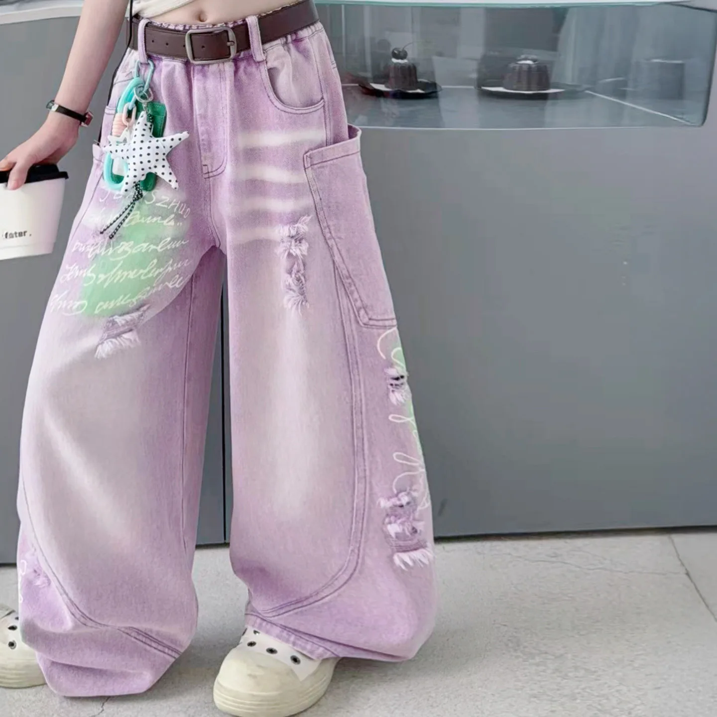 Teen American Retro Purple Ripped Distressed Denim Pants Girls Loose Wide Leg Barrel Cut Jeans Kids Summer Casual Streetwear