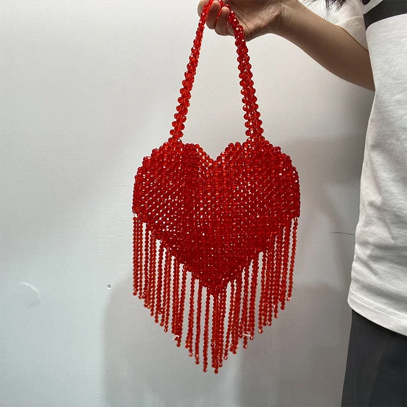 Love Pattern Tassels Purses Women Handbags Designer 2023 Luxury Top-Handle Vacation Beach Party Dinner Weeding Beaded Ladies