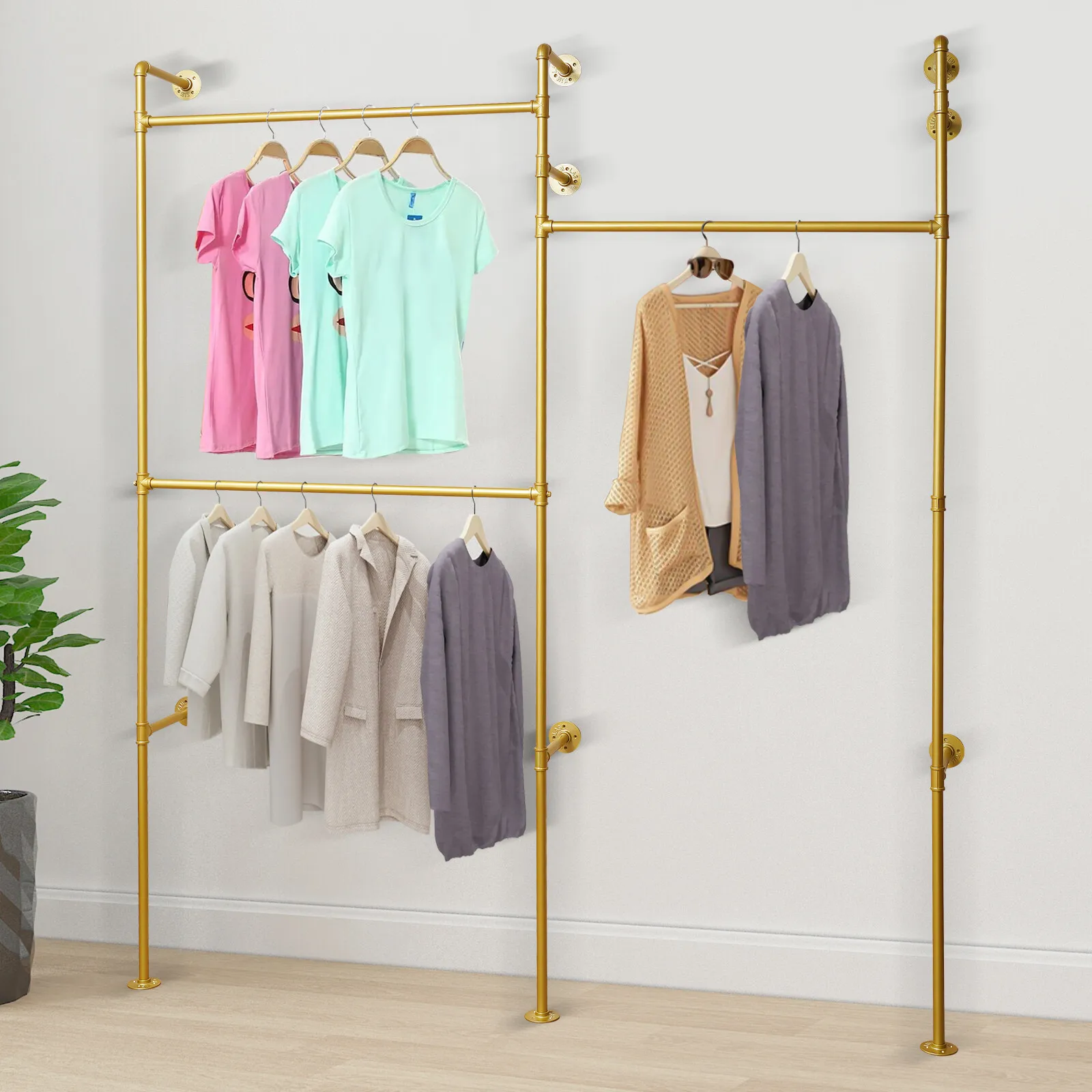 Gold Industrial Dress Hanging Rack Wall-Mounted Shelf Clothes Display Holder Iron