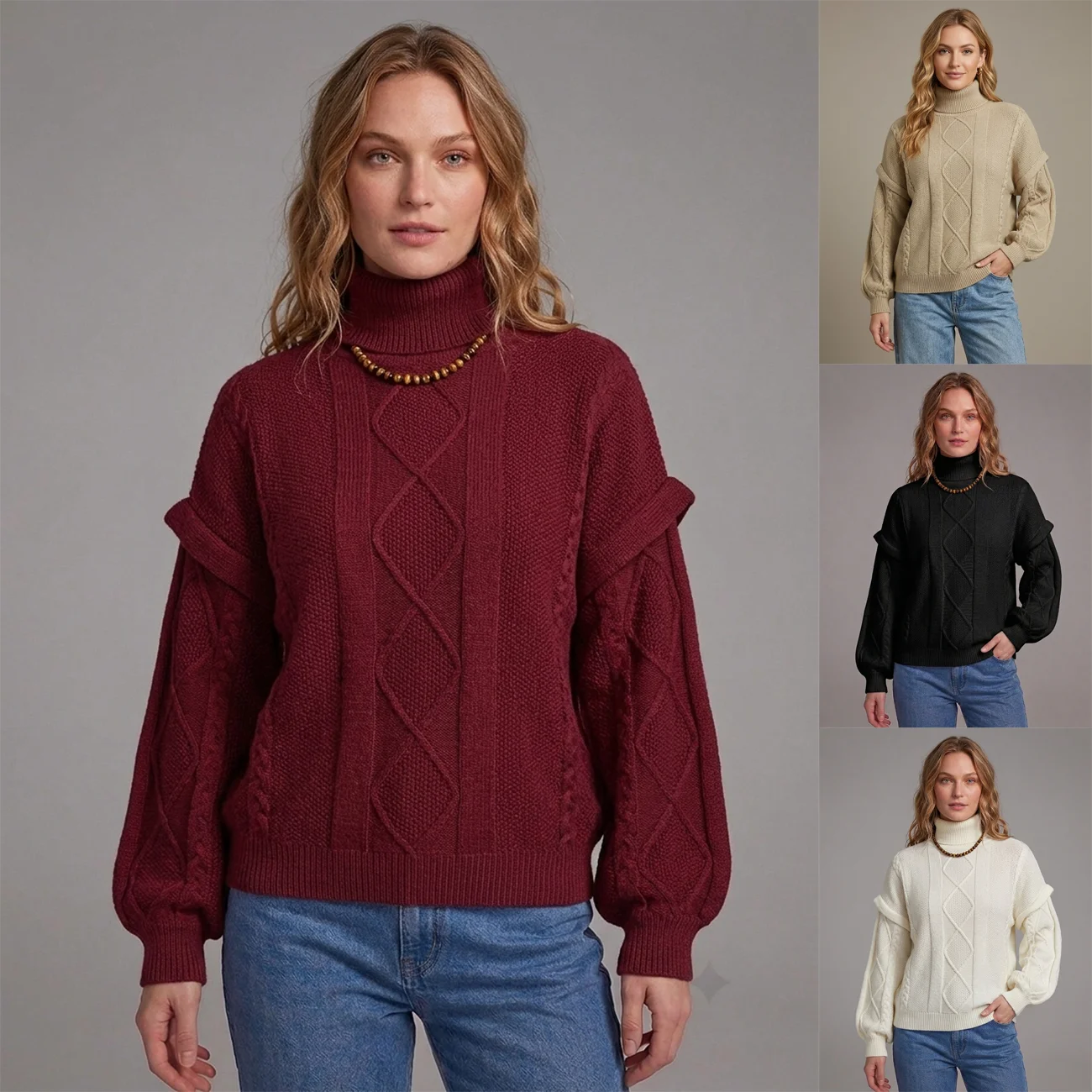 MsChuh Women's Sweaters And Pullovers Solid Loose Long Sleeve Knit Jumper Ropa Mujer Turtleneck Cable Sweater Winter Street Wear