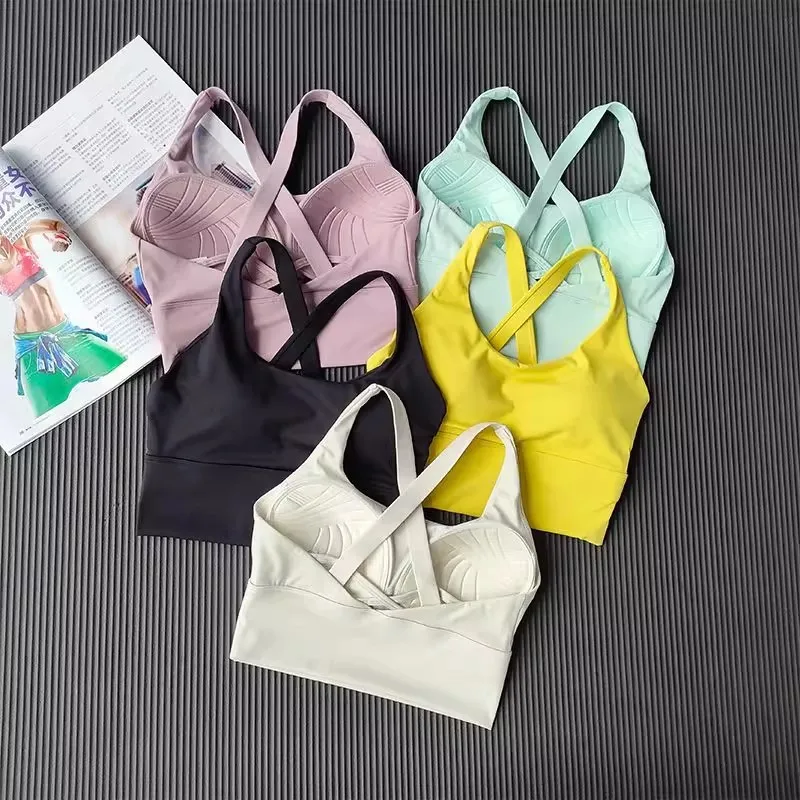 High-intensity Fixed Integrated Cross-beautiful Back Sports Underwear Gathering Shock-proof Running Fitness Bra Yoga Vest