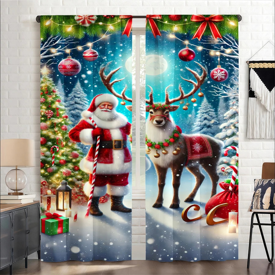 2PCS Christmas Winter Curtains, Santa Reindeer Candy Cane Forest, Digital Print, Bedroom Living Room, Home Decor Window Drapes