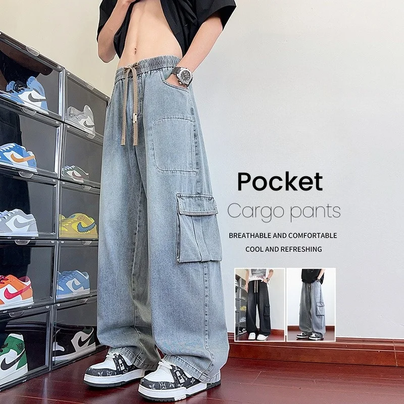 

Autumn New Men's Pocket Cargo Jeans Casual Loose Fashion Wide-leg Pants Straight Elastic Waist Denim Trousers Male Streetwear