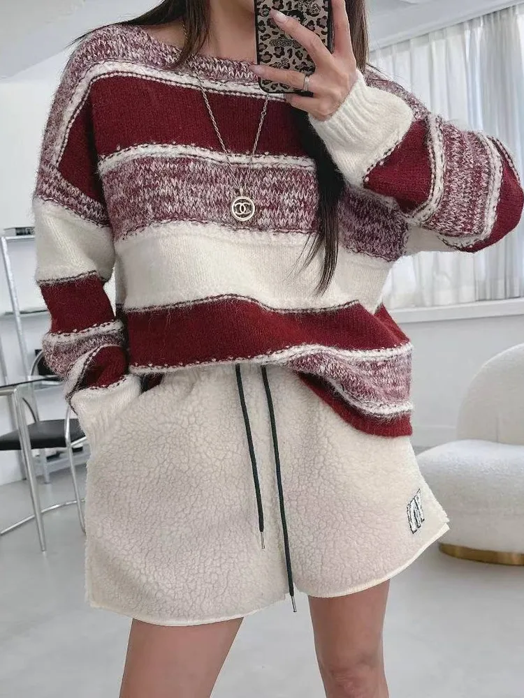 

Шикарный круглый полосатый свитер Jaet, женский свободный теплый милый пушистый вязаный топ, корейский свободный крой, средний мягкий