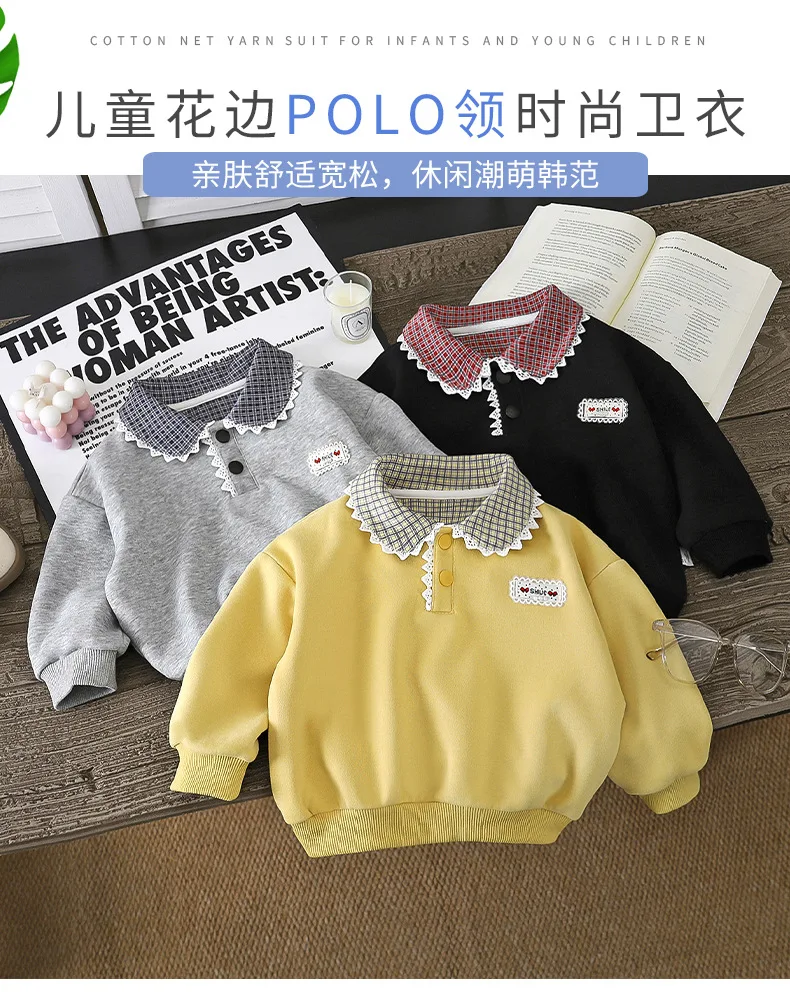 2026 Neuer Herbst-Kinder-Polo-Sweatshirt für Mädchen, Süßer Spitzen-Karomuster-Kragen, Langarm-Pullover-Oberteil, Kinderkleidung – Detail 1