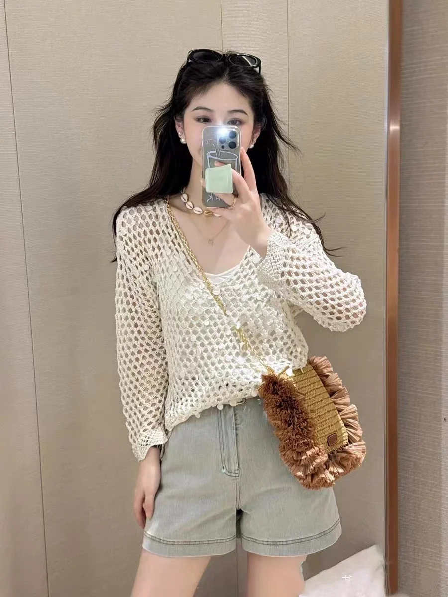 

High quality new women's clothing for summer and autumn 2024 White pearl fish net two-piece set top 0708