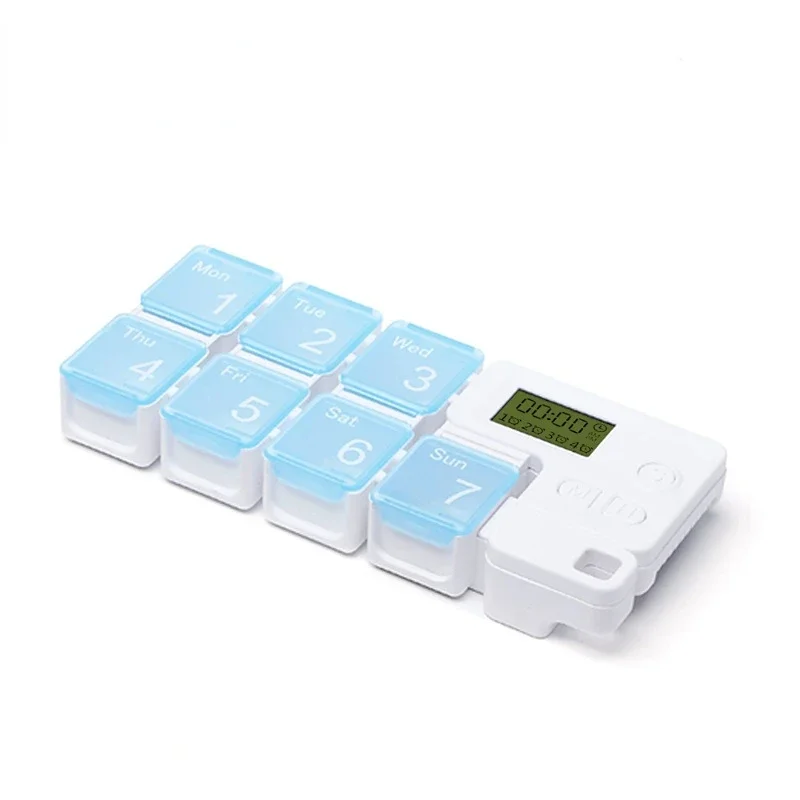 Caja de pastillas con reloj despertador electrónico inteligente, caja de pastillas con rejilla cuadrada, impermeable, portátil para viaje, 7 días, cuidado de la salud