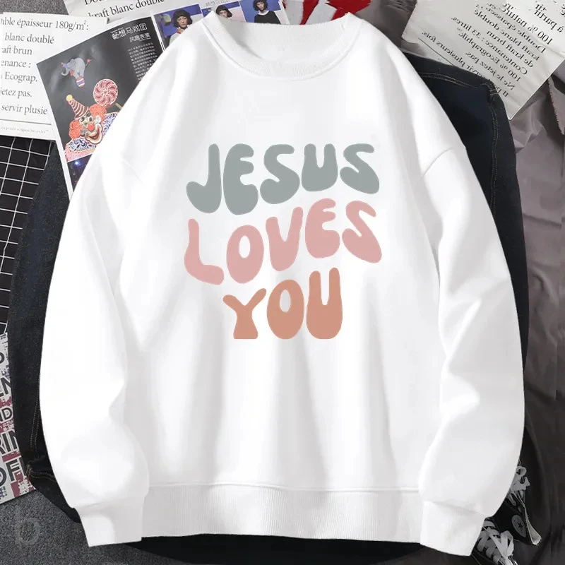 Jesus Loves You Letters Graphic Hoodie Christian Jesus Bible Verse Sweatshirt O Neck Comfort God Religious Faith Women Hoody