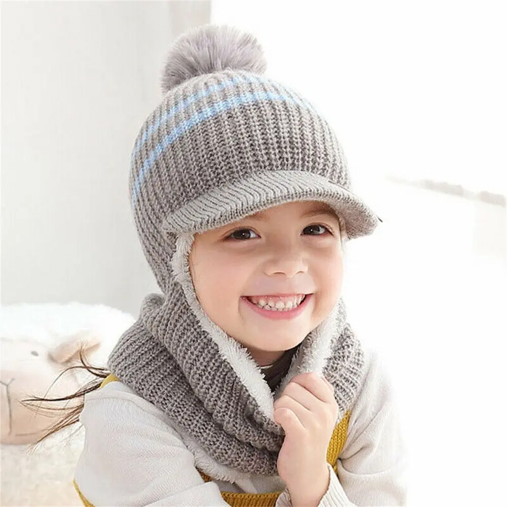 Kids Girls Boys Toddler Baby Winter Warm Hat Hooded Scarf Earflap Knitted Cap