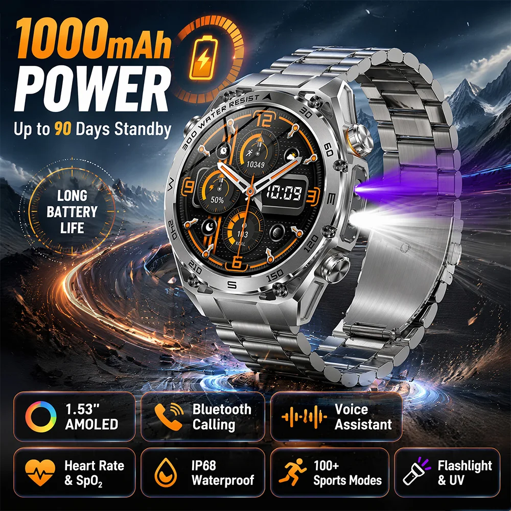 

LIGE Militray 1000mAh Battery Smart Watches Waterproof Flashlight & UV Lamp Health Monitor 1.53” AMOLED Screen Sports Smartwatch
