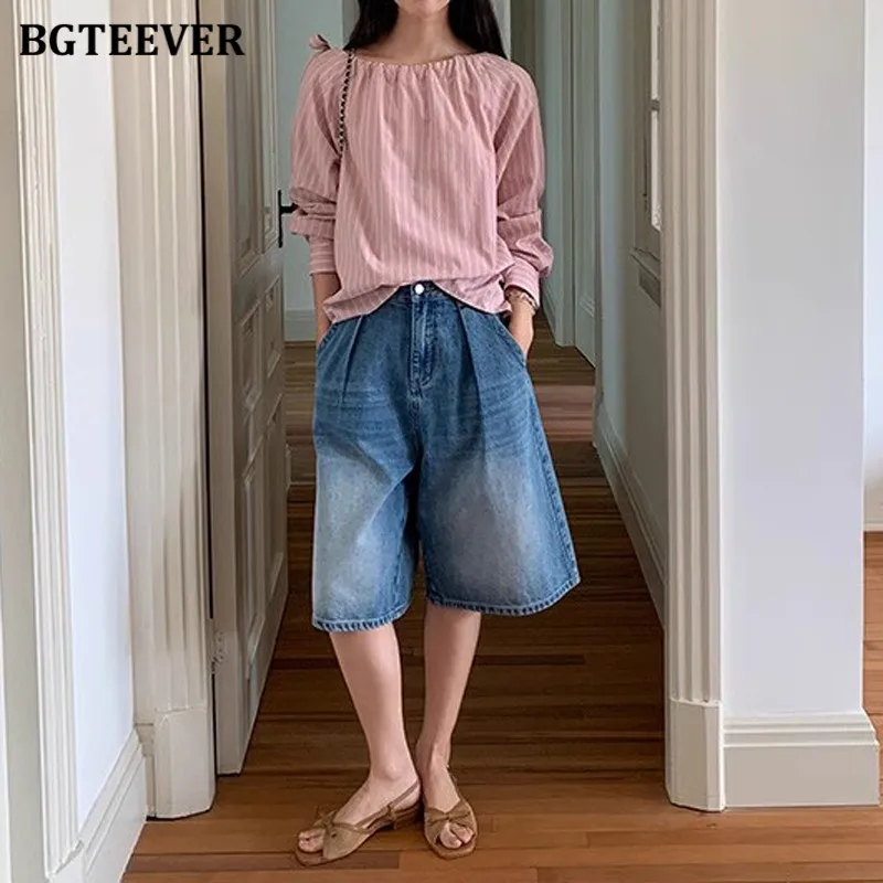 BGTEEVER Pantalones cortos vaqueros sueltos informales para mujer, pantalones cortos vaqueros femeninos de cintura alta de un solo botón de verano