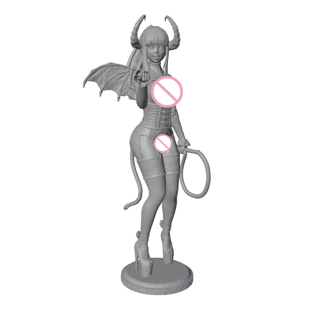 1/24/6 Double-horned high ponytail succubus girl, whip-holding shape, cute girl resin model kit, 3D printed statue, not colored