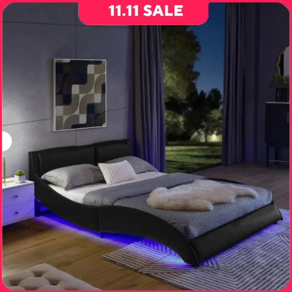 Queen Bed Frame with RGB LED Lights and Headboard Wave Like Curve Bed Frame, Wood Slats Support, Easy Assembly, Led Bed Frame