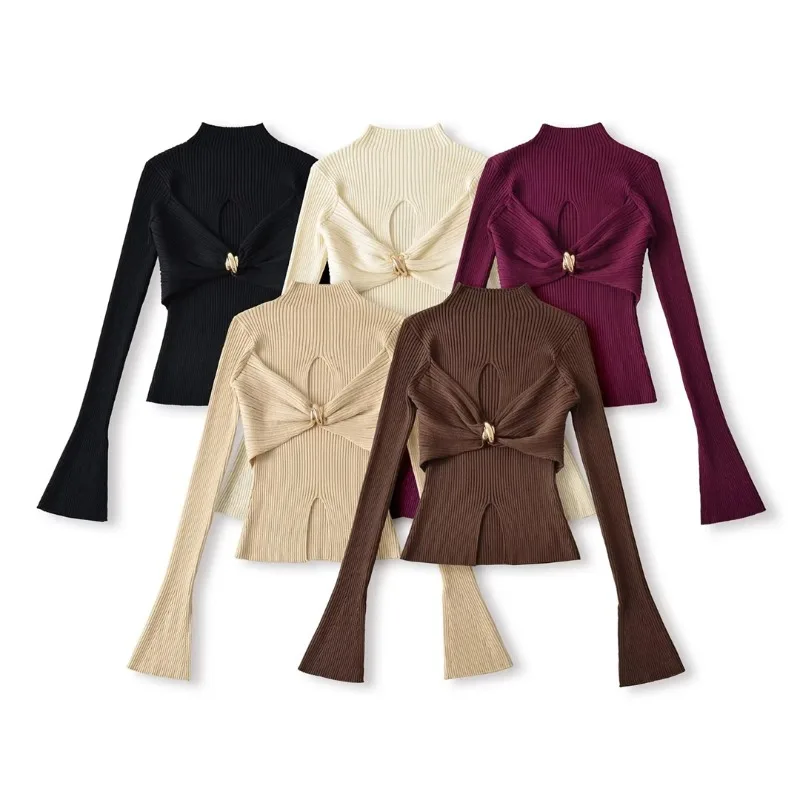 Women Mock Neck Rib Knit Top Twisted Metal Buckle Cutout Flared Long Sleeve Slim Split Hem Solid Autumn Winter Elegant Pullover