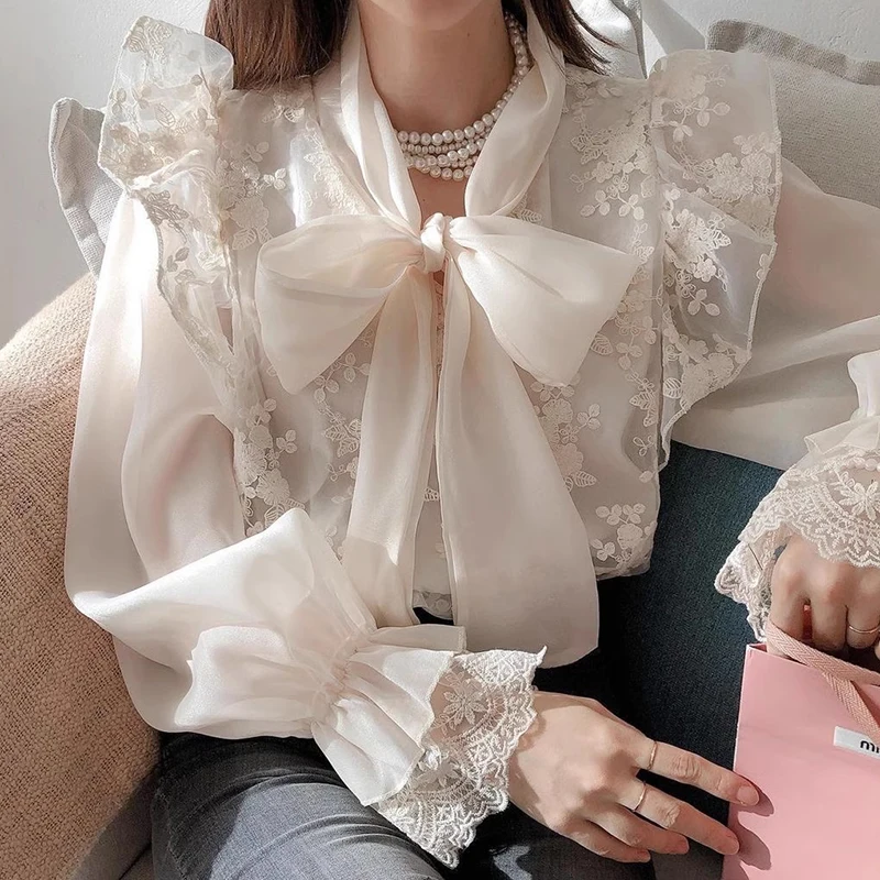 

Chic Spring Gentle Atmosphere Knot Splice Lace Loose All-Match Chiffon Shirt Women's Korean Style Long Sleeve