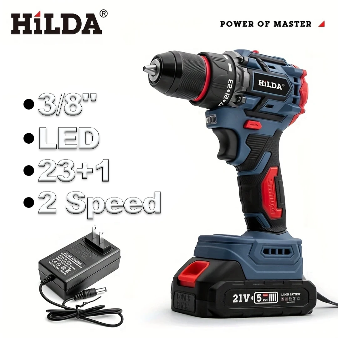 HILDA Rechargeable and Adjustable Speed Drill with LED 21V Battery Power Tool