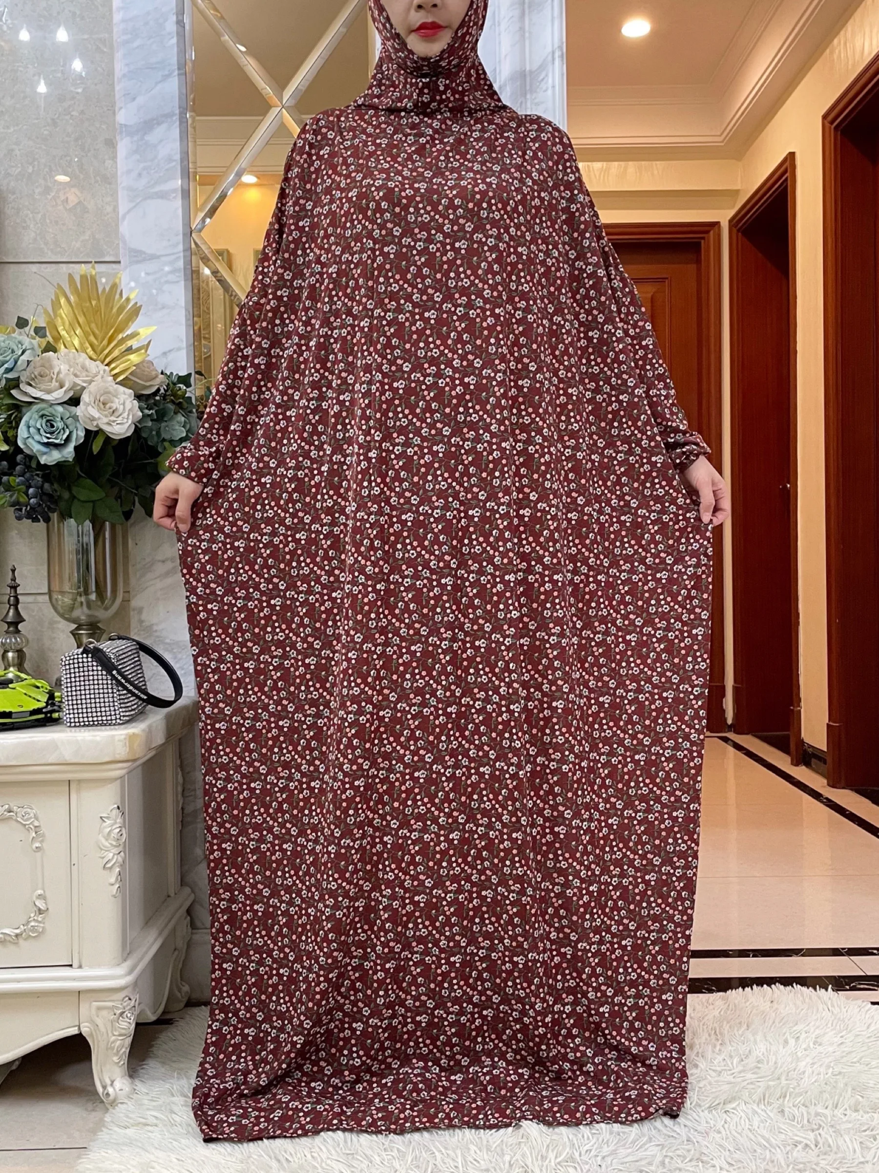 Muslim Ramadan Prayer For Women Long Sleeved Floral 2024Dubai Turkey Middle East Femme Loose Robe African Abayas Headscarf Dress