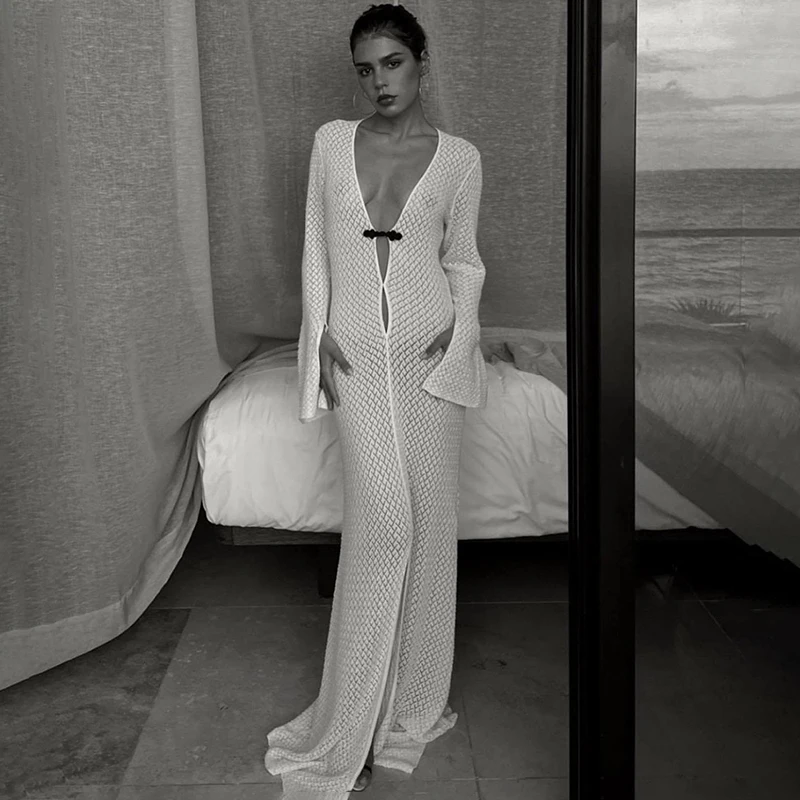 

Tuularose Summer Knitted Long Dress Women Sexy Hollow Out Slit Cover-up Beach Vacation Dress Elegant Solid Female Knitted Dress