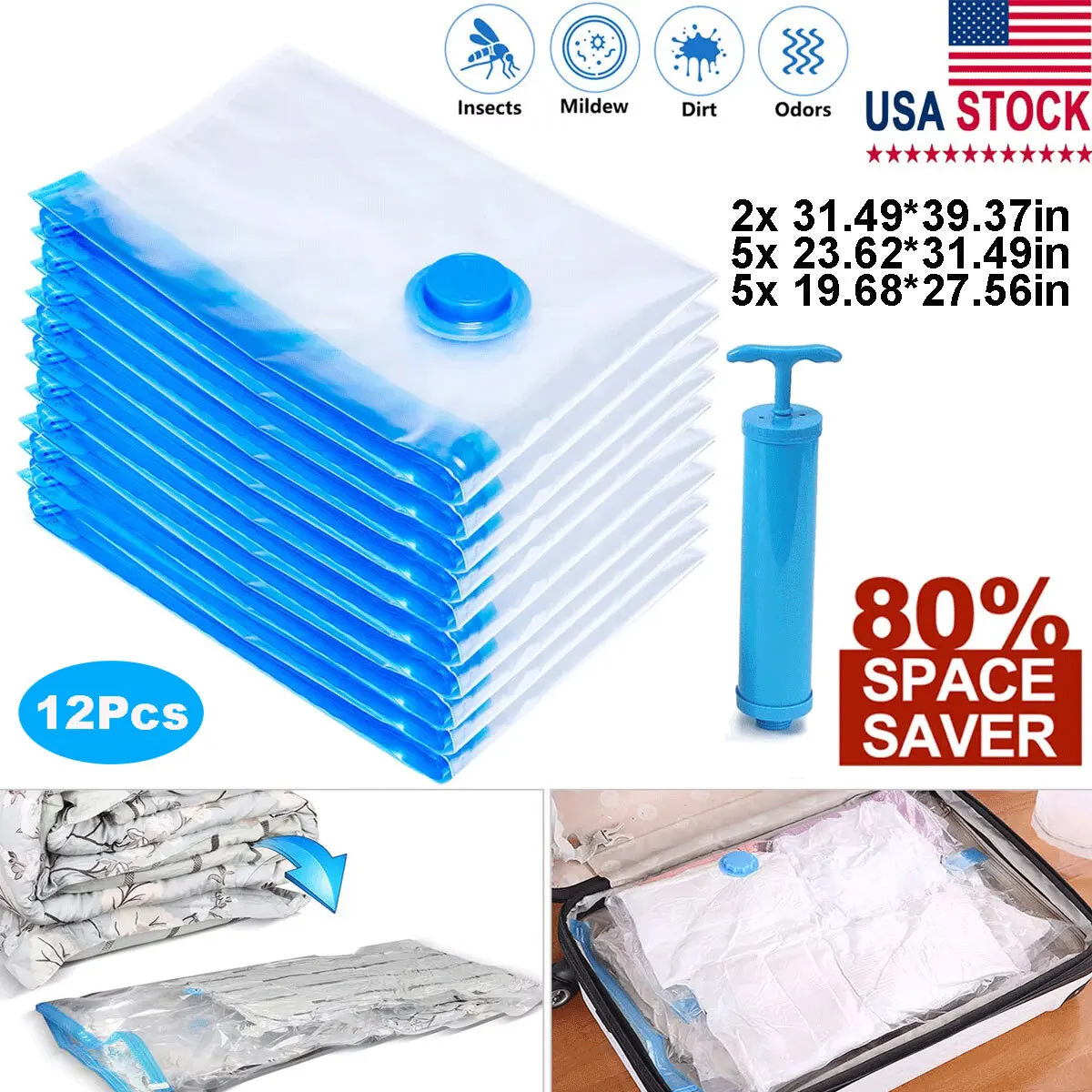 

12Pcs Jumbo Vacuum Storage Bags Space Saver Seal Clear Compression Bag Organizer