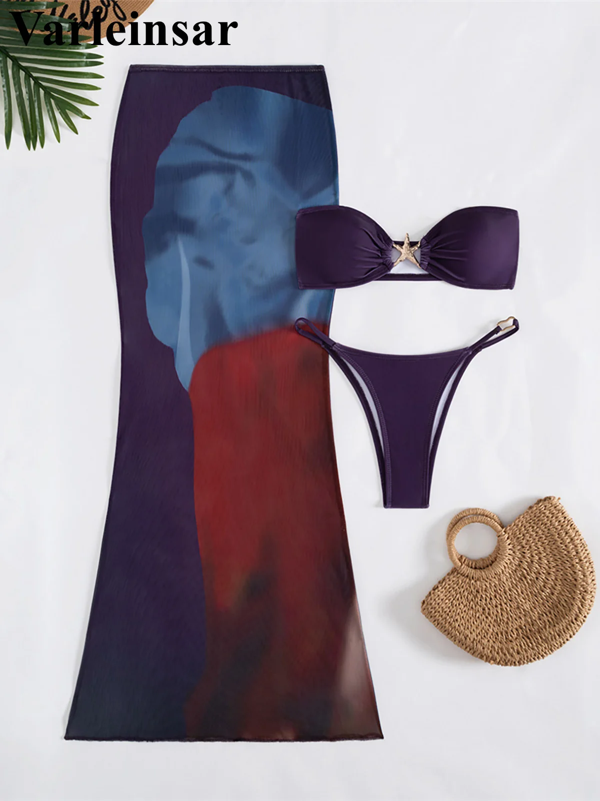 

Новинка с юбкой-бандо, бикини с высоким вырезом, женский купальник, женский купальник, комплект бикини из трех частей, купальный костюм, купальный костюм, V7184