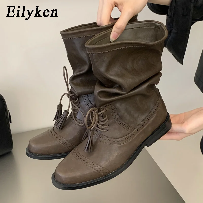 Eilyken Designer Retro Tassel Cross-Strap Women Ankle Boots Autumn Winter Low Heels Round Toe Shoes Western Cowboy Booties