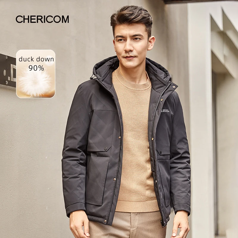 Chericom Hooded Thickened Autumn Winter Men's Down Jacket Multi-Pocket Duck Down Warm Outerwear Casual Fashion Jacket 279609