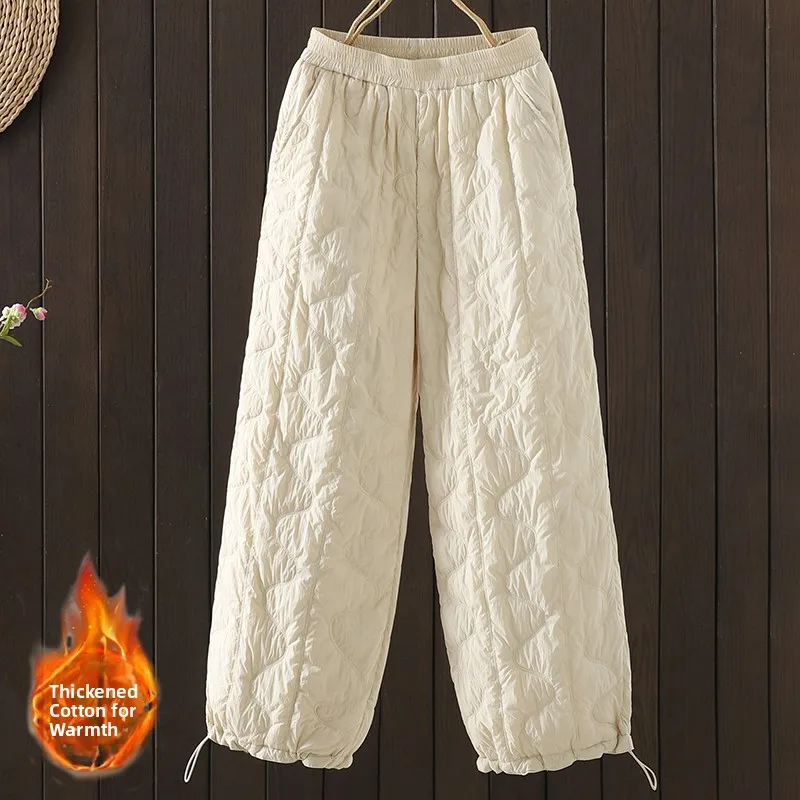 Pantalon large thermique en coton mélangé léger pour femmes, couleur hiver, coupe décontractée, coupe-vent