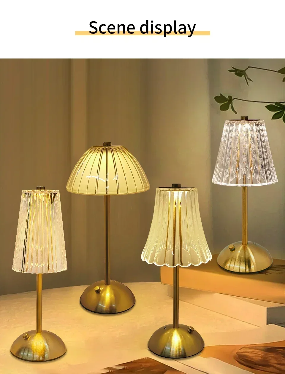 Rechargeable Touch Table Lamp 3 Colors Dimmable Artificial Crystal Lamp Portable Night Light for Bedroom Living Room Restaurant