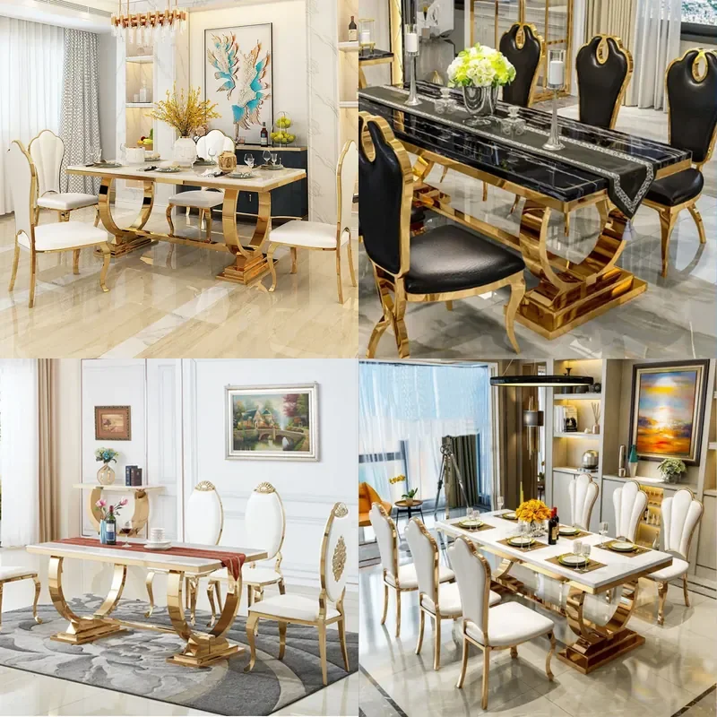 Modern Light Luxury Marble Dining Table and Chair Set for Italian Rectangular Dining Table Simple Household Stainless Steel