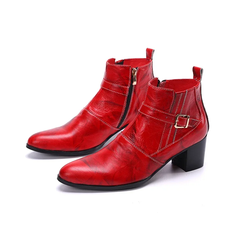 

Batzuzhi British Type Fashion Boots Men Pointed Toe Genuine Ankle Boots 7.5cm High Heels Red Party & Wedding Botas Hombre, 38-46